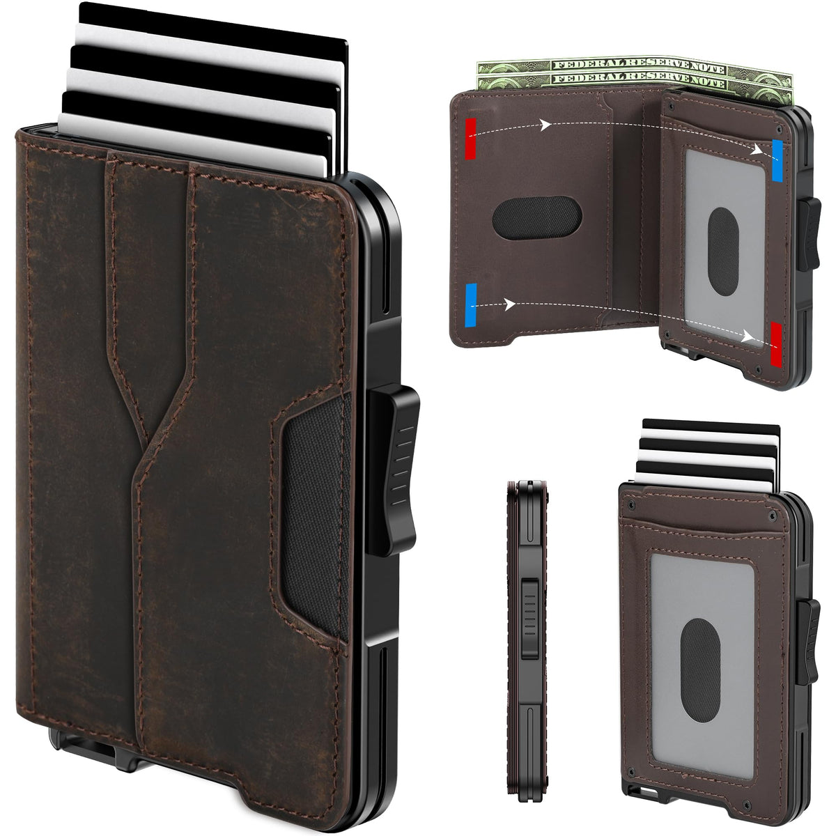 Kunlgro Wallet for Men - Pop Up Case, Cash Slot, and Credit Card Wallet - Slim Minimalist Aluminum Front Pocket Wallet with RFID Blocking/ID Window (Genuine Leather Dark Coffee)