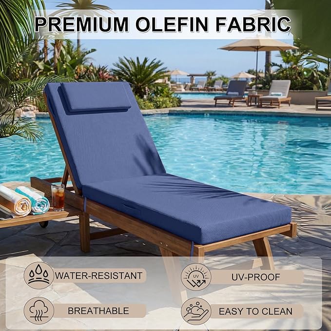 Outdoor Chaise Lounge Cushions, 71x21 Inch Olefin Water & Fade Resistant Pool