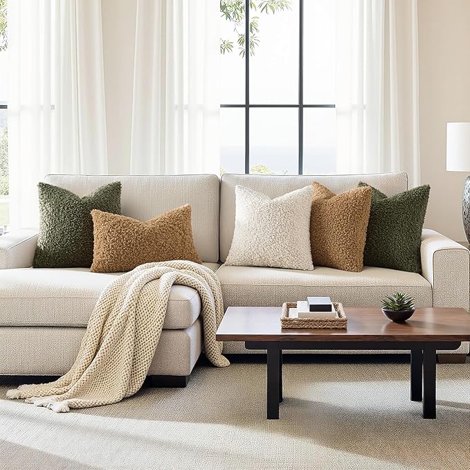 Faux Fur Throw Pillow Covers 20x12 Inch Set of 2 Boucle Neutral Decorative