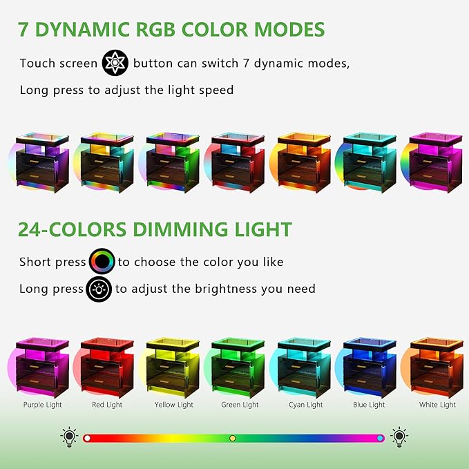 HNEBC RGB Nightstand with Wireless Charging Station, LED Night Stand with