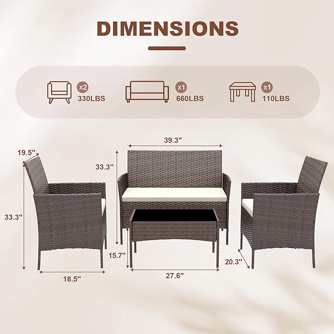 GarveeLife 4-Piece Patio Furniture Set, Rattan Outdoor Furniture