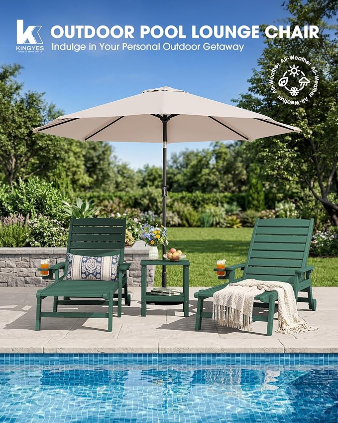 KINGYES HDPE Lounge Chair Outdoor Set of 2, Patio Chaise Lounge Recliner