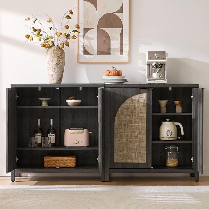 SICOTAS 102"W Rattan Sideboard Buffet Cabinet Set of 3, Modern Credenza Storage