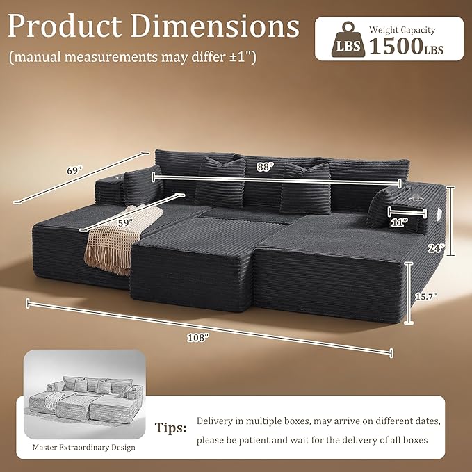 108" Cloud Sectional Couch, Comfort Sleep Sofa