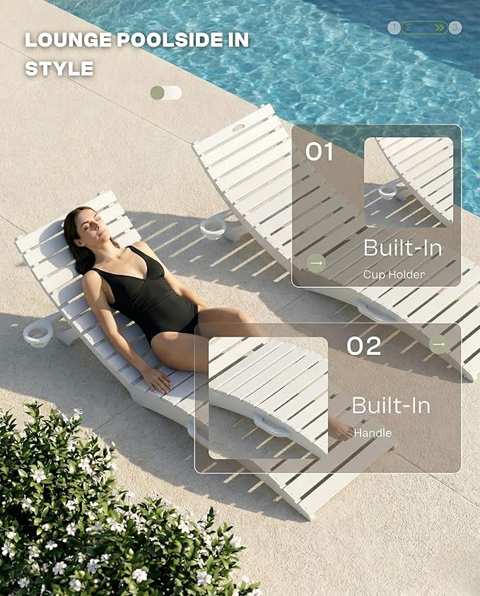 Folding HDPE Pool Lounge Chairs Set of 6, Pre-Assembled Outdoor Chaise Lounge