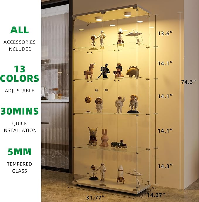FANYUSHOW Display Cabinet with Glass Door and LED Light, 5-Tier Tempered Glass