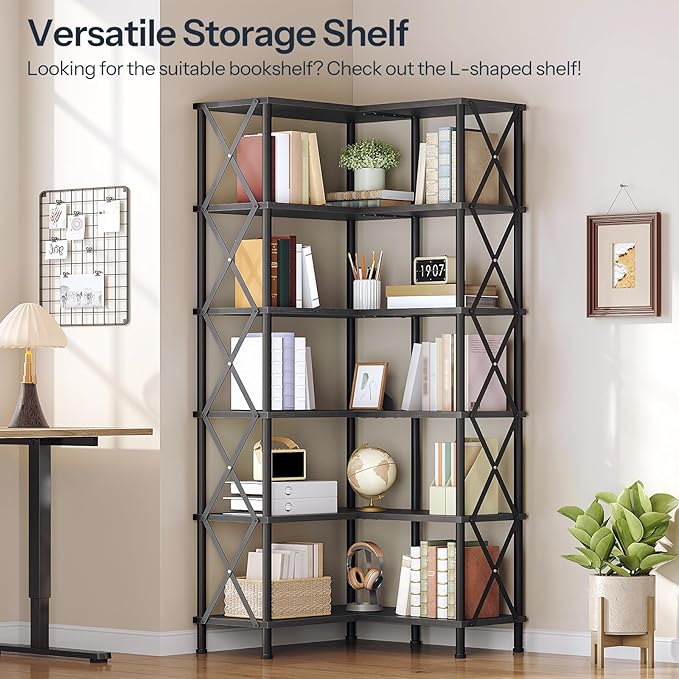 HOOBRO Corner Bookshelf, 6-Tier L-Shaped Bookcase, Industrial Open Display