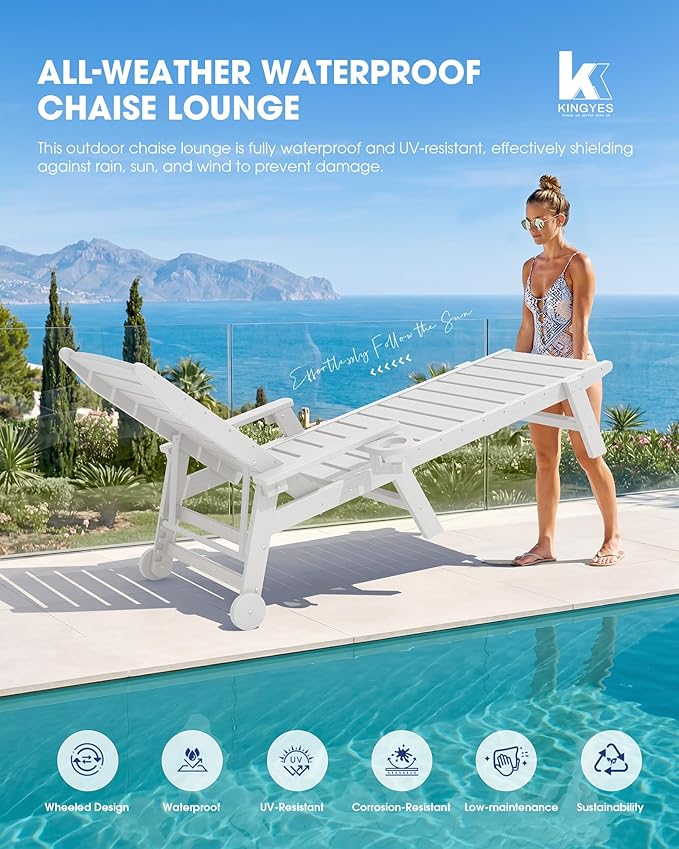 KINGYES HDPE Lounge Chair Outdoor Set of 2, Patio Chaise Lounge Recliner