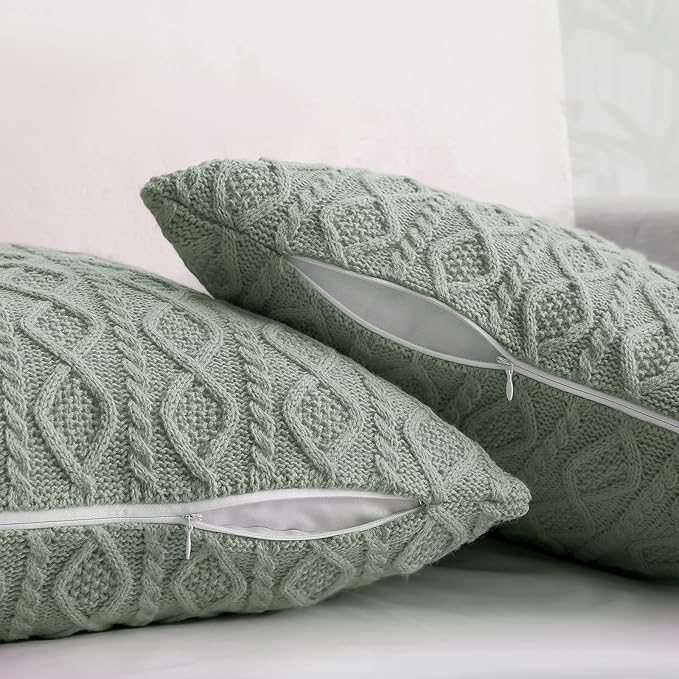 Homiest Cable Knit Throw Blanket and Pillow Set, Sage Green Set of 3, Knitted