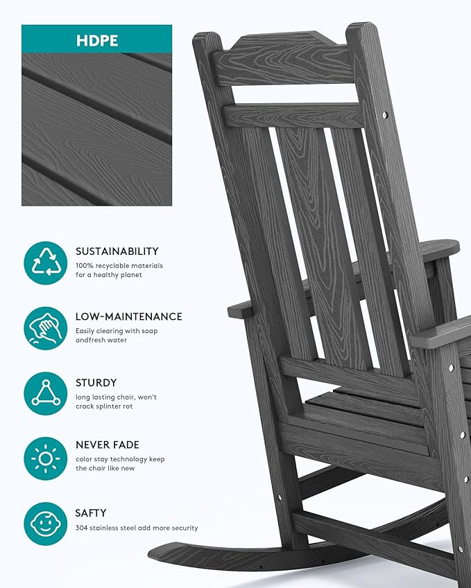 SERWALL Gray Outdoor Rocking Chair Set of 4, All Weather Patio Rocking Chair