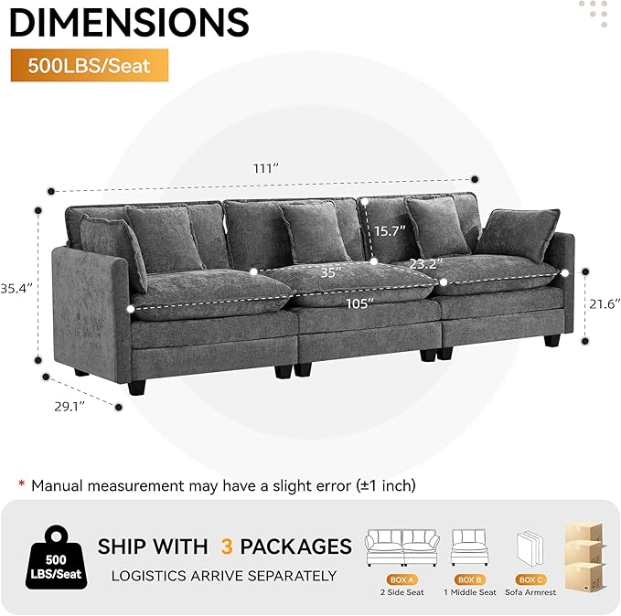 111'' Sectional Cloud Deep Seat Couch, Modern Comfy Chenille Modular Sectional