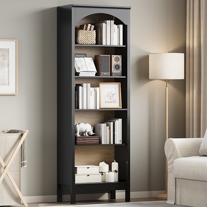 Arched Set of 2 Bookshelf with 5 Tier Open Shelves, Living Room, Modern Black