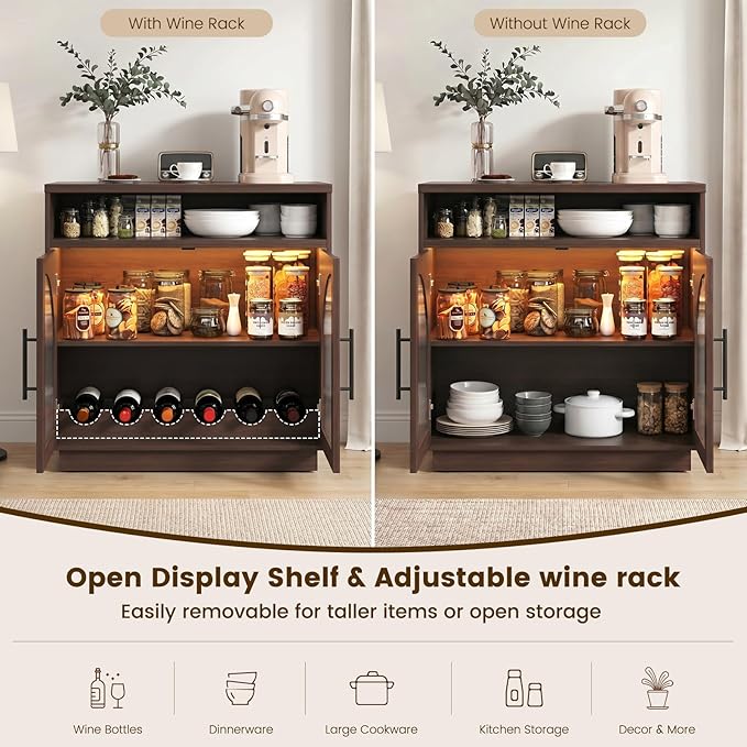 Sideboard Buffet Cabinet with Storage, 31.5" Coffee Bar Cabinet with LED Lights