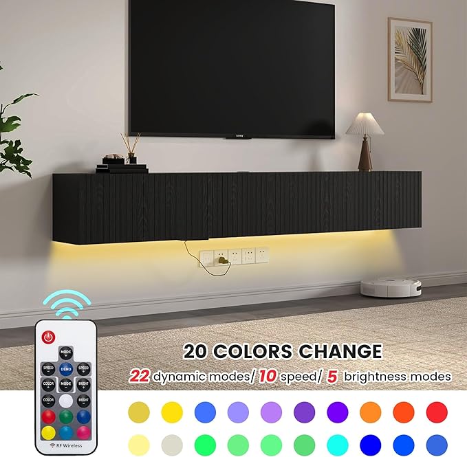 71” Floating TV Stand with LED Lights & Charging Station, Floating Media