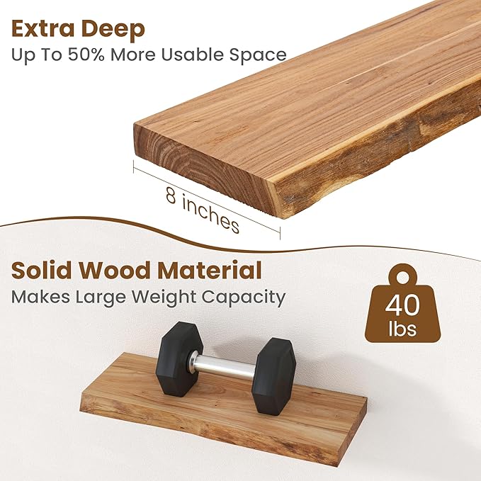 Floating Shelves for Wall Decor, Rustic Solid Elm Wood Live Edge Floating