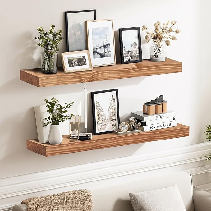 24x8x1.6 inch Floating Shelves Set of 2 – Solid Wood Rustic Oak Wall Mounted