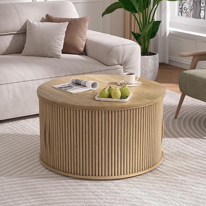 JOINICE 31.5" Round Lift Top Coffee Table, Natural Oak Modern Fluted Drum