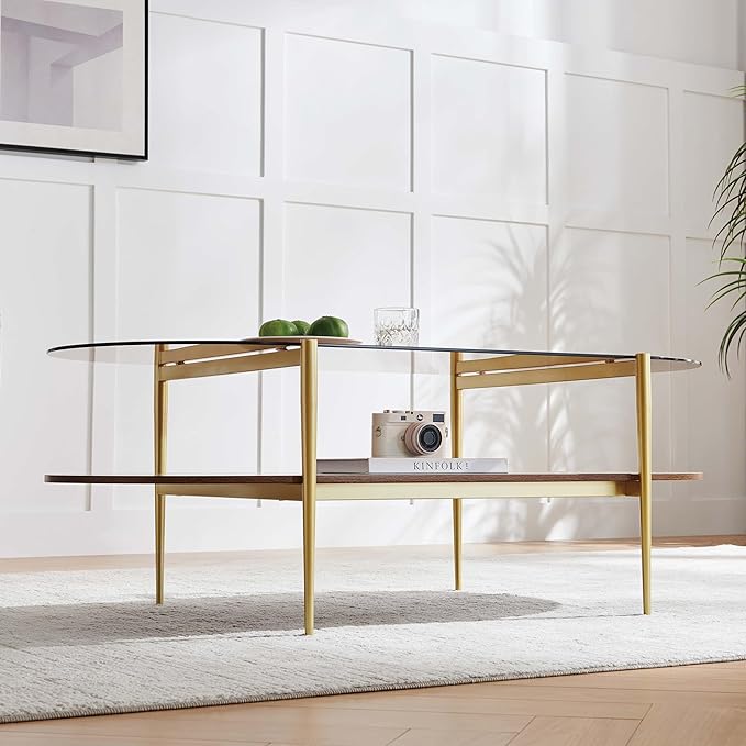 LumFurn X-Large Oval Glass Coffee Table, Mid-Century Modern Design, L47 x W24 x