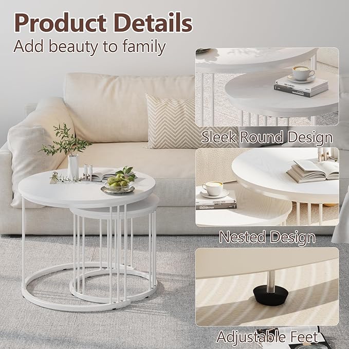 Garden 4 you Nesting Coffee Table, 23.6" Round Coffee Table Set of 2, Wooden