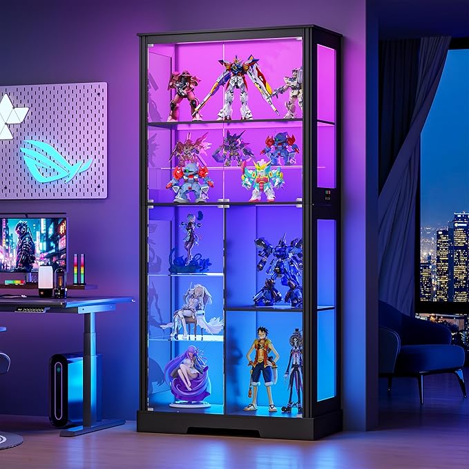 Gurexl Display Cabinet with Motion Sensor LED Lights, Glass Curio Cabinet with