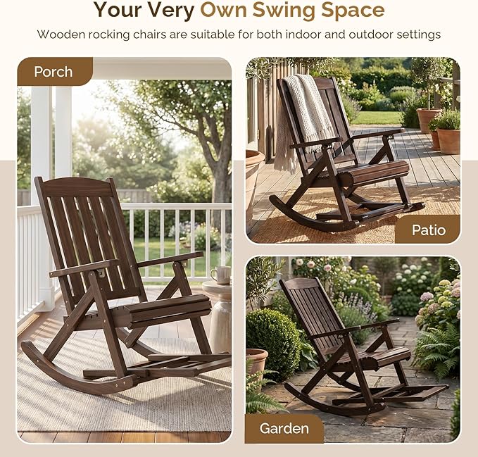 VINGLI Wooden Porch Rocking Chair, Heavy Duty Outdoor Rocking Chair