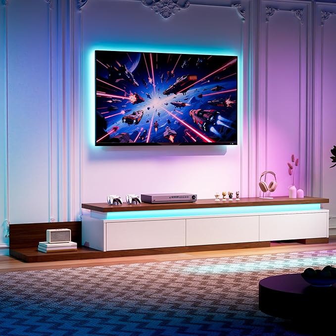 Extendable TV Stand with LED Lights, Modern TV Console with 3 Drawers, Wooden