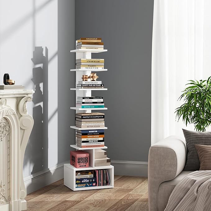 TUTOTAK Narrow Bookshelf, Vertical 8-Tier Bookcase, Spine Book Shelf