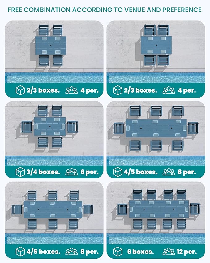 SERWALL HDPE Dining Set for 8: 2 Umbrella Hole Tables + 8 Chairs. Includes 8