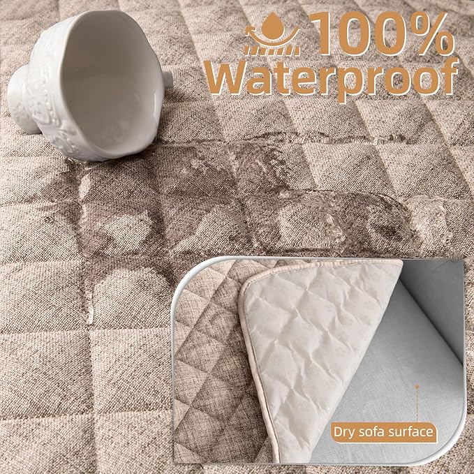 Dog Couch Cover for Sofa 100% Waterproof Faux Linen Sofa Covers for 3 Cushion