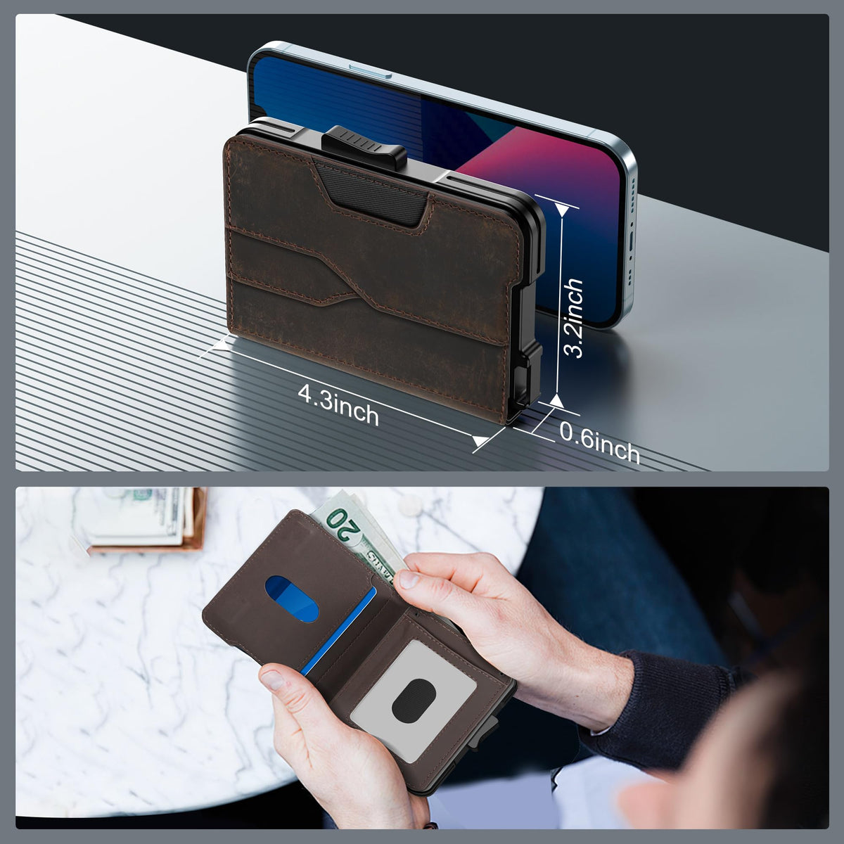 Kunlgro Wallet for Men - Pop Up Case, Cash Slot, and Credit Card Wallet - Slim Minimalist Aluminum Front Pocket Wallet with RFID Blocking/ID Window (Genuine Leather Dark Coffee)