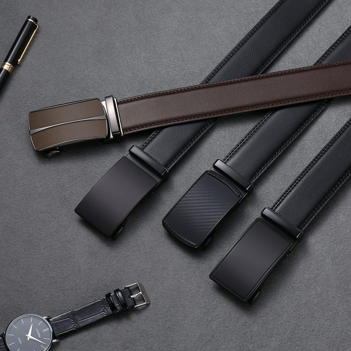 SENDEFN Men's Leather Belt Automatic Ratchet Buckle Slide Belt for Dress Casual Trim to Fit with Gift Box(A-black-31)