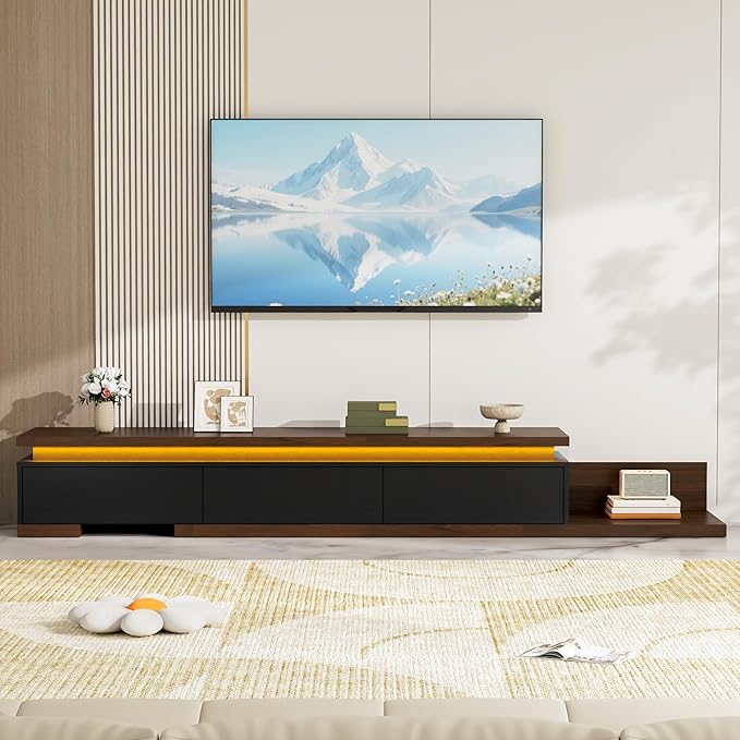 Extendable TV Stand with LED Lights, Modern TV Console with 3 Drawers, Wooden