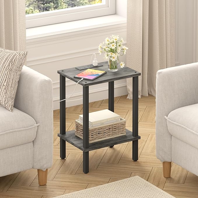 TUTOTAK End Table with Charging Station, Small Side Table, Nightstand Bedside