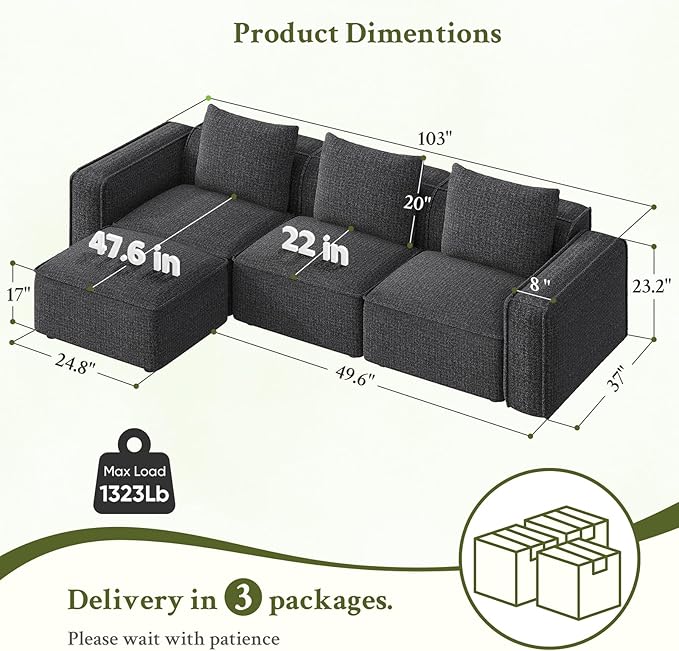 Welzona 103" Modular Sectional Sofa, Minimalist Comfy Cloud Couch Sectional