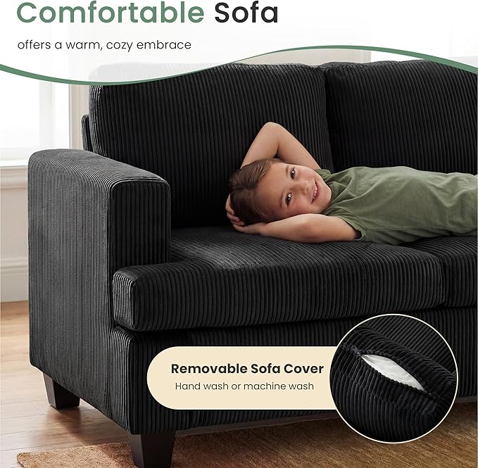 3 Seater Corduroy Couch for Living Room, 89” Black Cloud Sofa, Deep Seat Floor