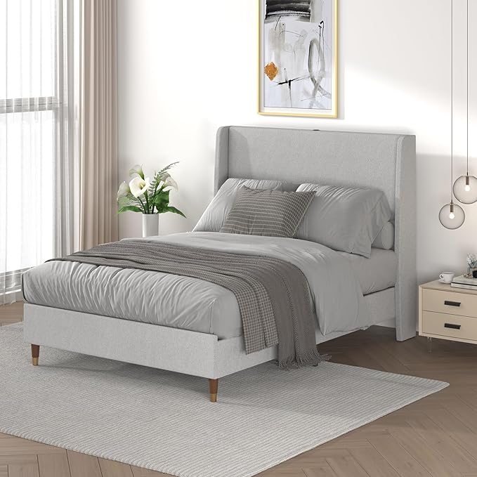 MALOL Full Size Bed Frame with Upholstered Headboard, Linen Fabric Platform Bed