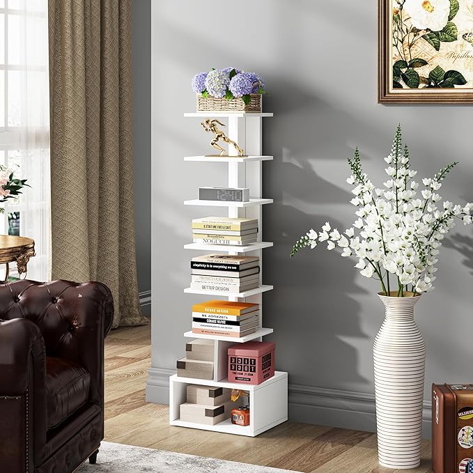 TUTOTAK Narrow Bookshelf, Vertical 8-Tier Bookcase, Spine Book Shelf