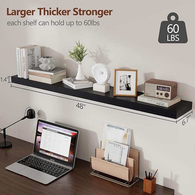 fuqing Black Floating Shelves 48 Inch, Solid Wood Wall Mounted Shelves Set of 2