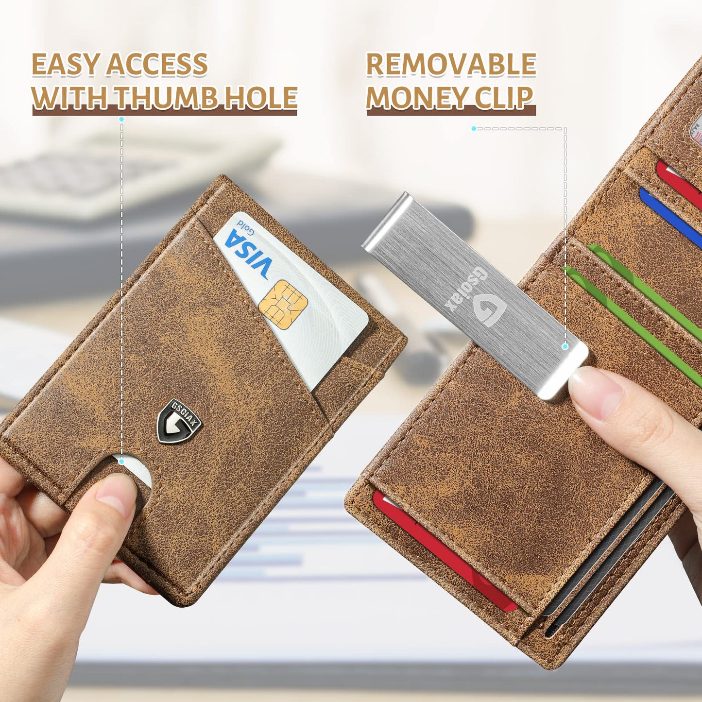 GSOIAX Slim Leather RFID Bifold Wallet for Men Minimalist Front Pocket Wallet with Money Clip,12 Card Slots,ID Window,Cool Groove Design,Includes Gift Box(Retro Brown)