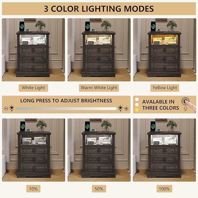 Nightstand Set 2 with Charging Station, Farmhouse End Side Table with 3 Drawers