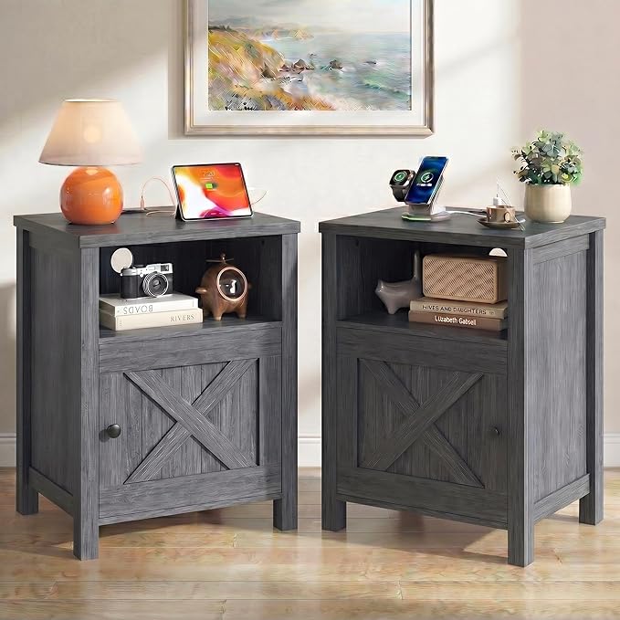 Marsail Farmhouse Nightstand Set of 2, Wood Bedside Table