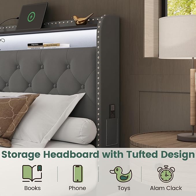LARMACE King Bed Frame with 4 Storage Drawers and USB Charging Station Velvet