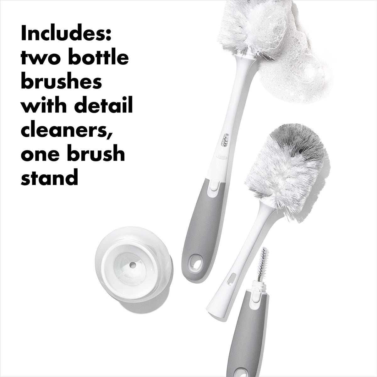 OXO Tot Bottle Brush with Nipple Cleaner and Stand – Gray, 2-Pack