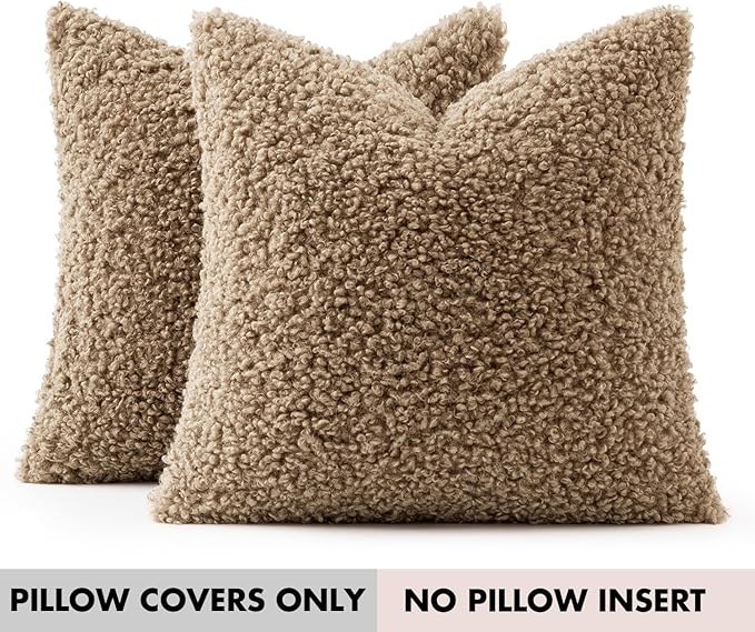 Faux Fur Throw Pillow Covers 18x18 Inch Set of 2 Boucle Neutral Decorative