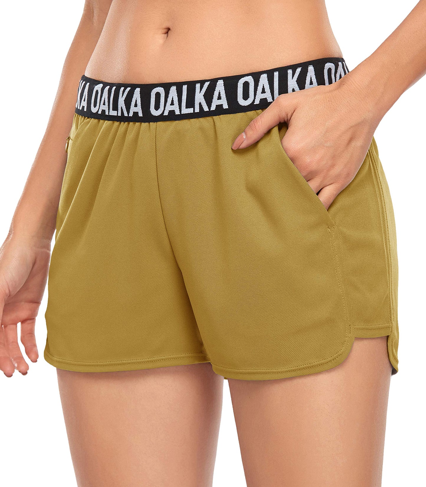 Oalka Women's Running Shorts Out Side Pockets Sports Athletic Workout Fittness Lightweight Gym Shorts Mustard L