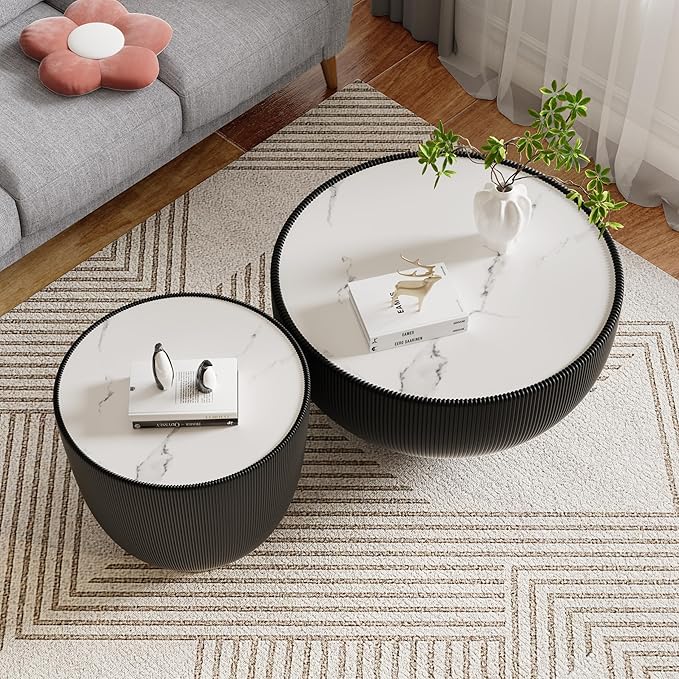 SSLine Bowl-Shape Coffee Table Set of 2 Modern Sintered Stone Top Nesting