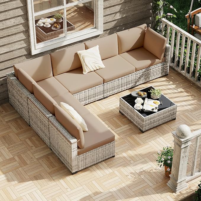 KIGOTY 7-Piece Patio Furniture Set, All-Weather PE Rattan Outdoor Sectional Sofa