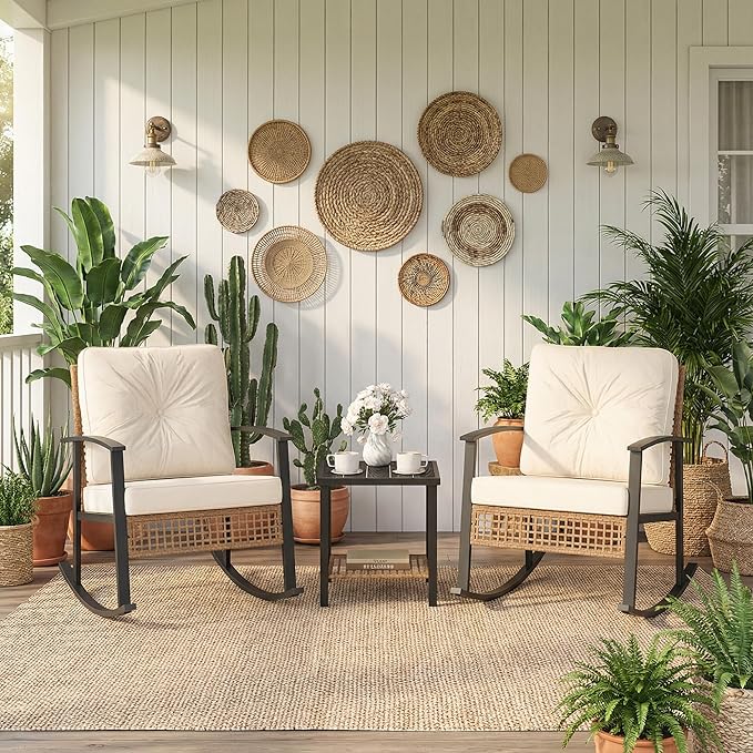 COSIEST 3-Piece Outdoor Rocking Chairs Bistro Set, Rattan Patio Furniture