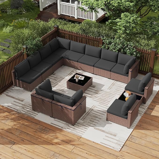 KIGOTY 14-Piece Patio Furniture Set, All-Weather PE Rattan Outdoor Sectional