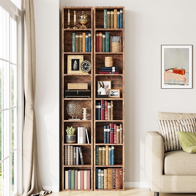 IRONCK Tall Narrow Bookshelf 8 Tiers 71in Set of 2, Compact Corner Bookcase